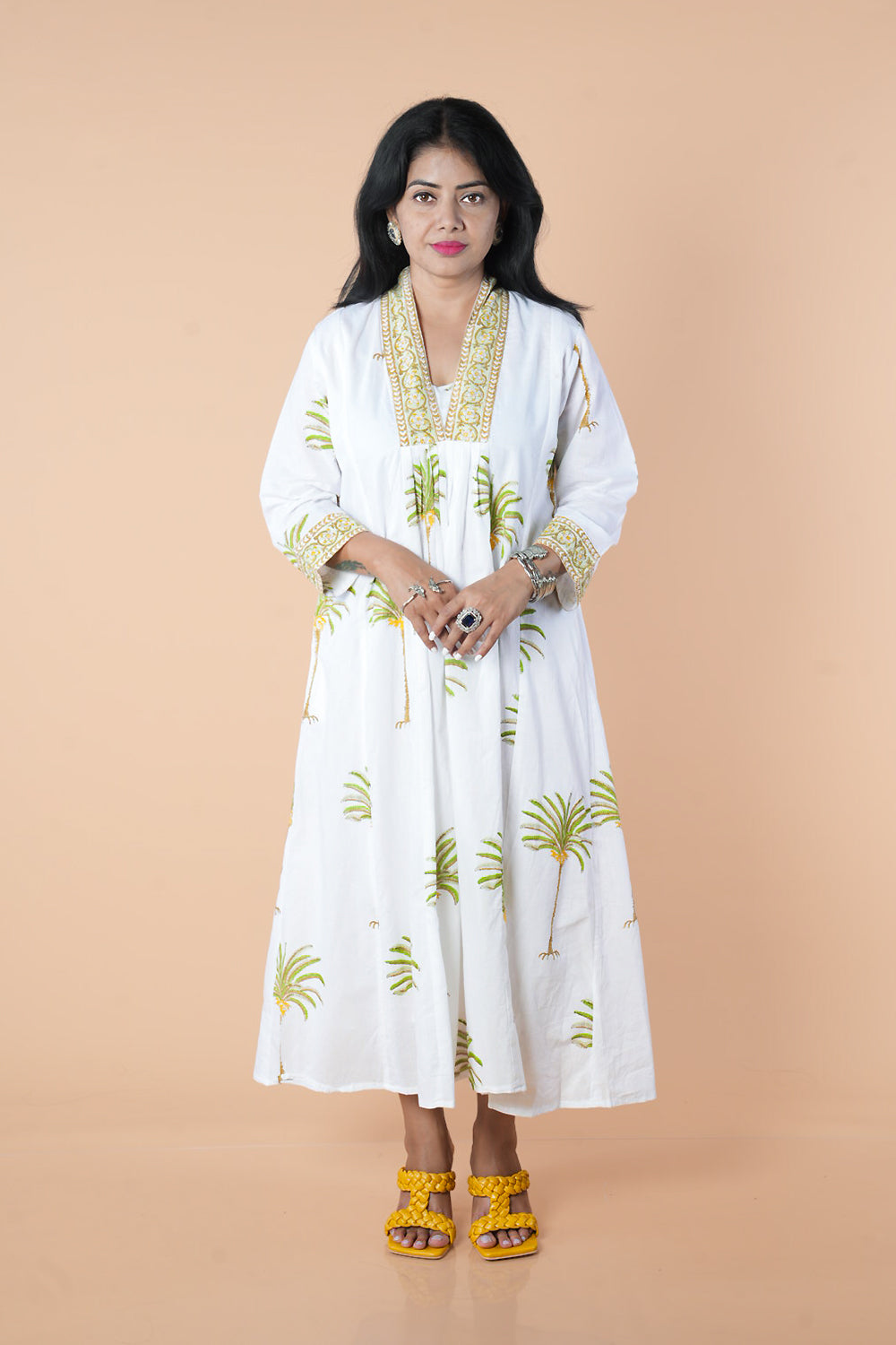 White and Green Block Print Mulcotton Frock