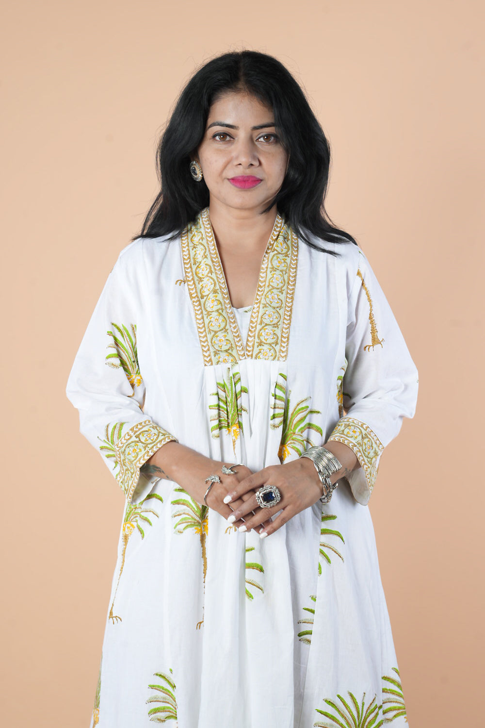 White and Green Block Print Mulcotton Frock