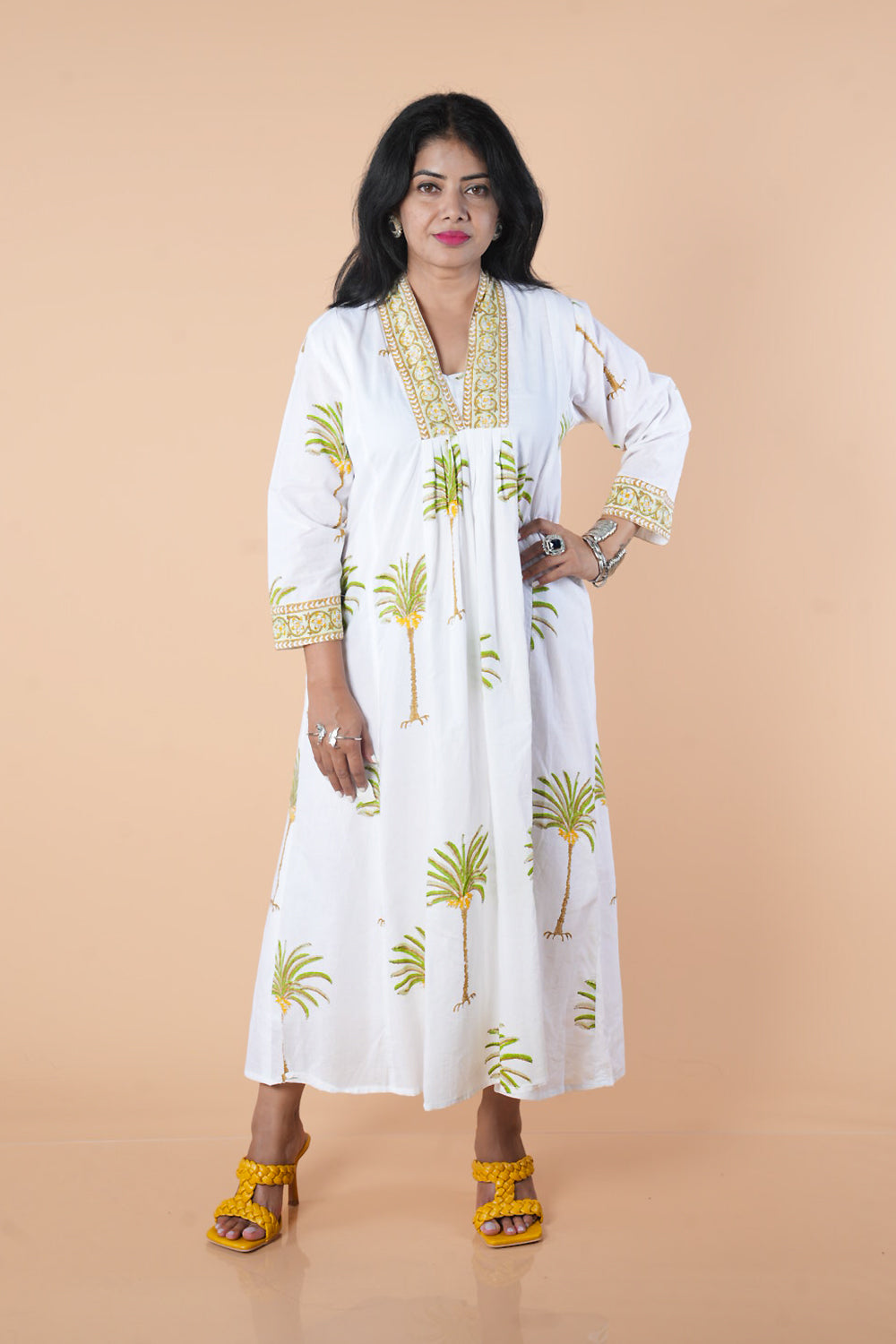 White and Green Block Print Mulcotton Frock