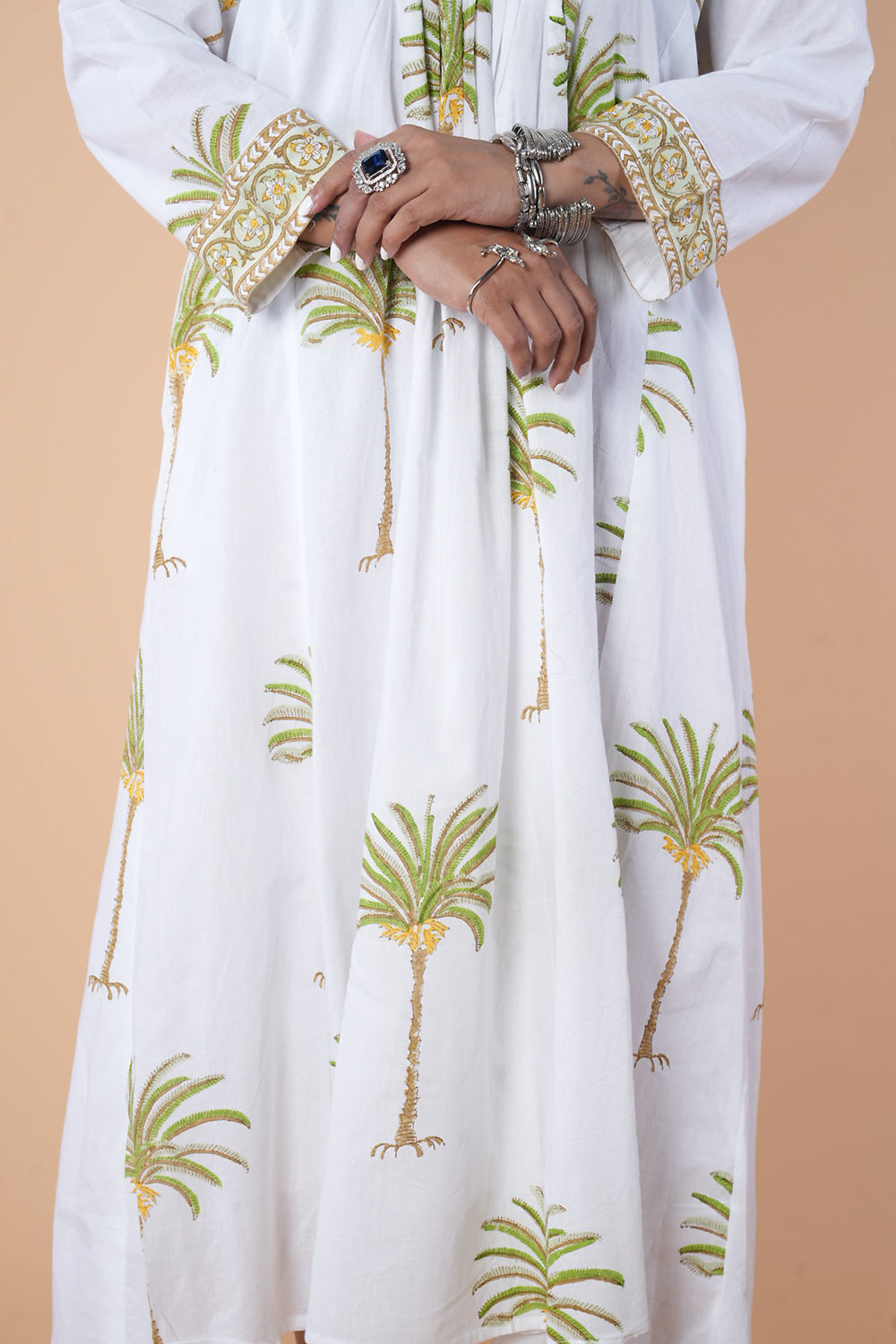 White and Green Block Print Mulcotton Frock