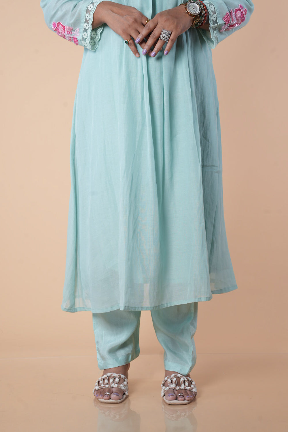 Blue Mulchanderi with contrast pearl detailings on slevees comes with dupatta
