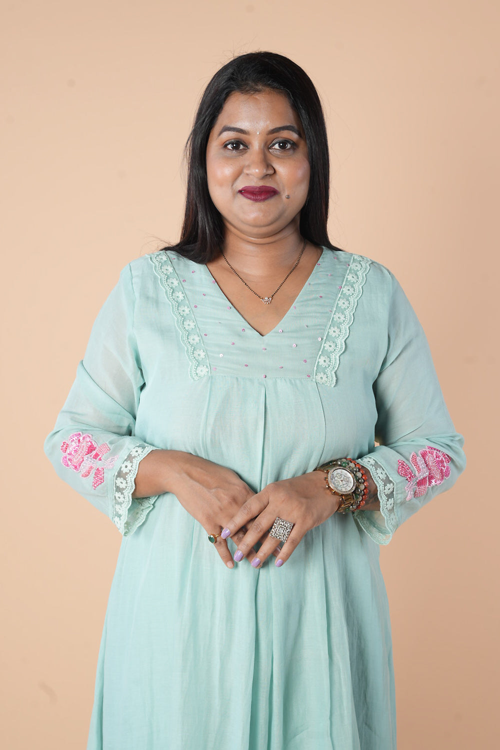 Blue Mulchanderi with contrast pearl detailings on slevees comes with dupatta