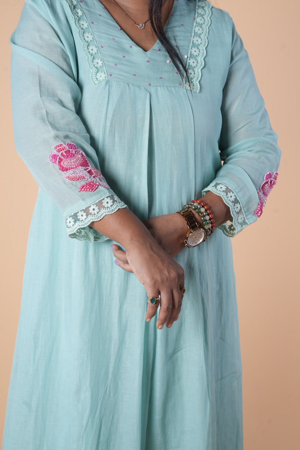 Blue Mulchanderi with contrast pearl detailings on slevees comes with dupatta