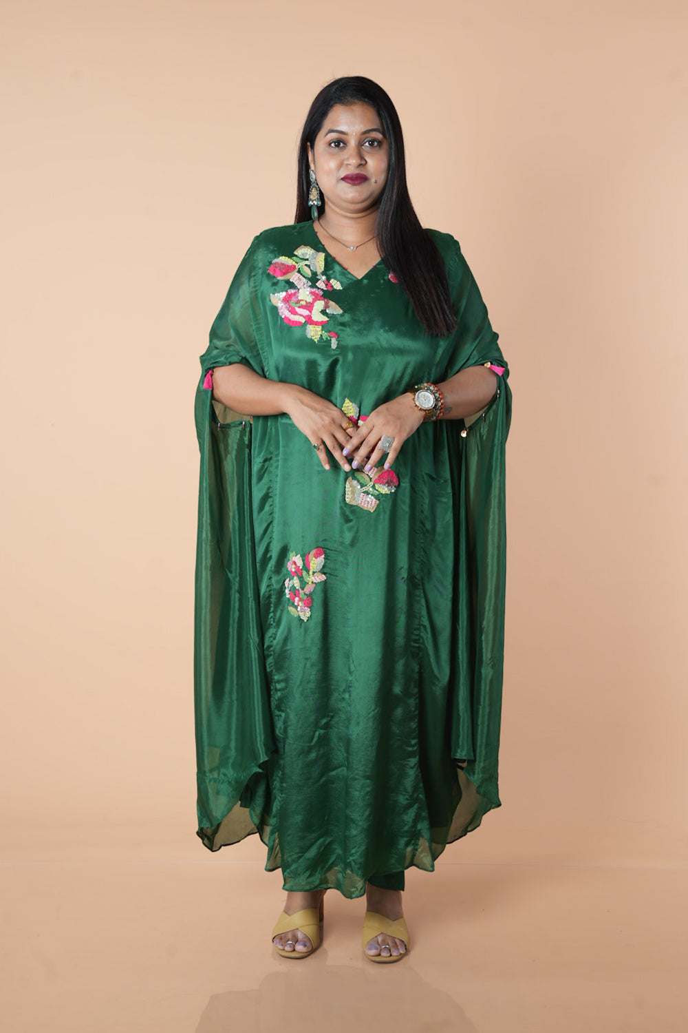 Pure Crepe Bottle Green Kaftan with multicolour sequencing
