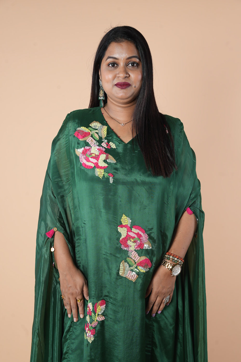Pure Crepe Bottle Green Kaftan with multicolour sequencing