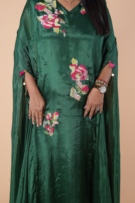 Pure Crepe Bottle Green Kaftan with multicolour sequencing