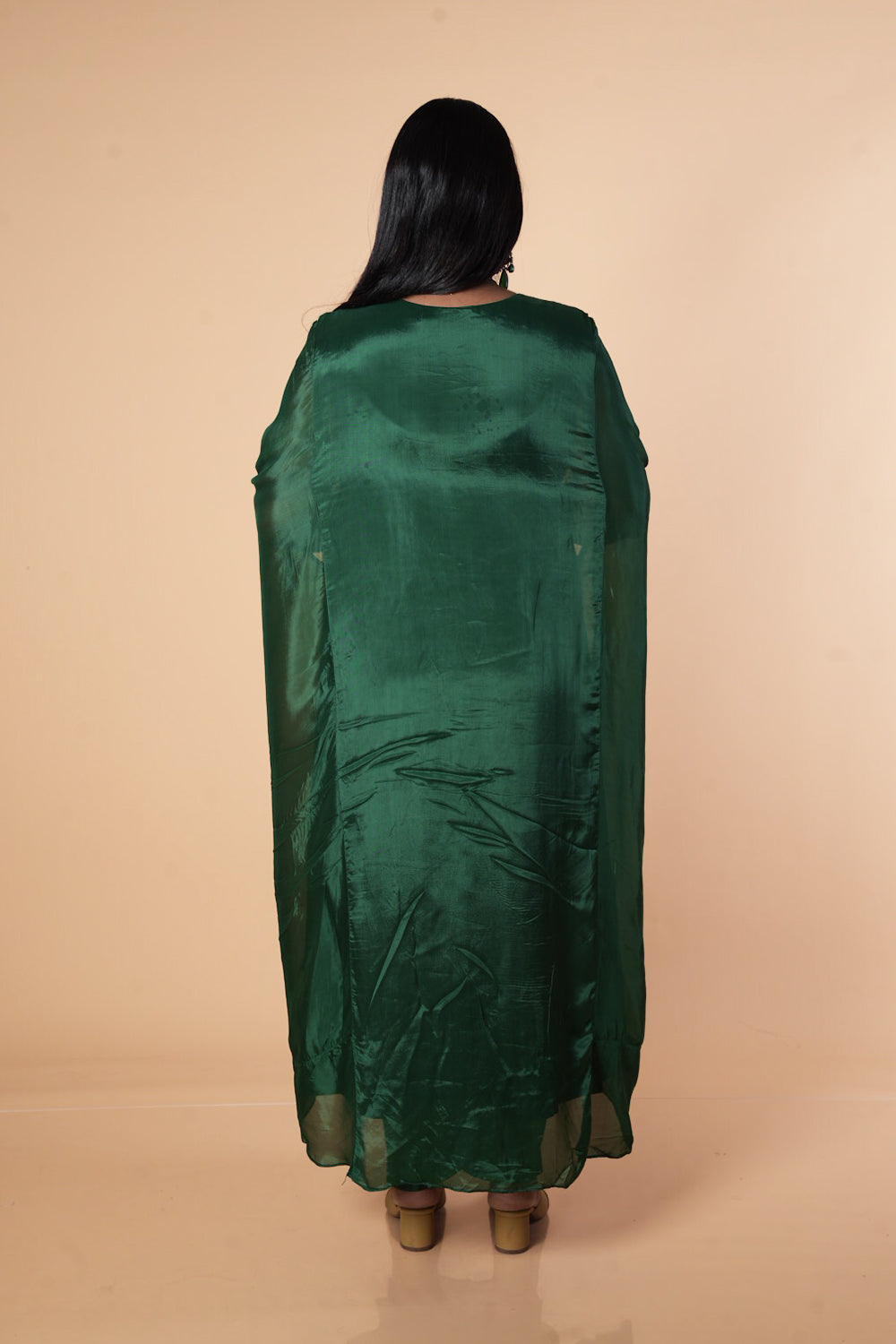 Pure Crepe Bottle Green Kaftan with multicolour sequencing