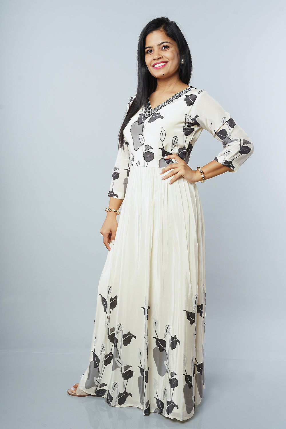 Cream and White Padded frock with handwork