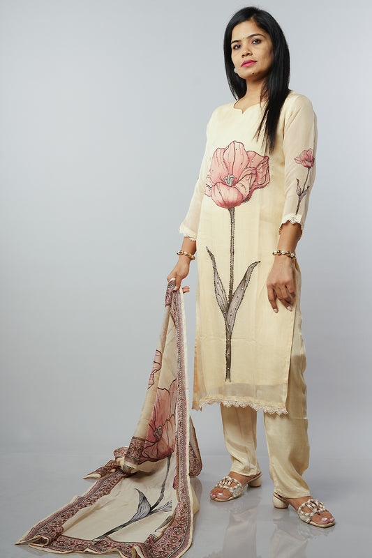 Cream Viscose Organza Flower print with handwork