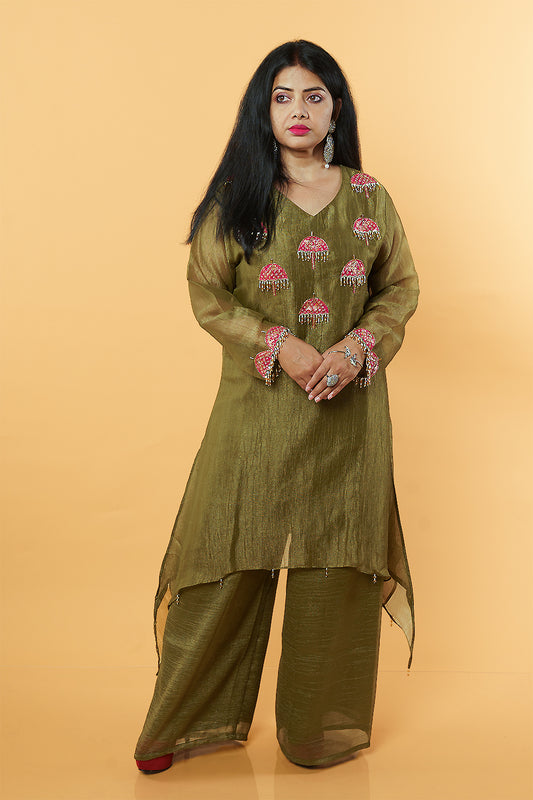 Olive Green Shimmer Crush Handwork 3 Piece suit