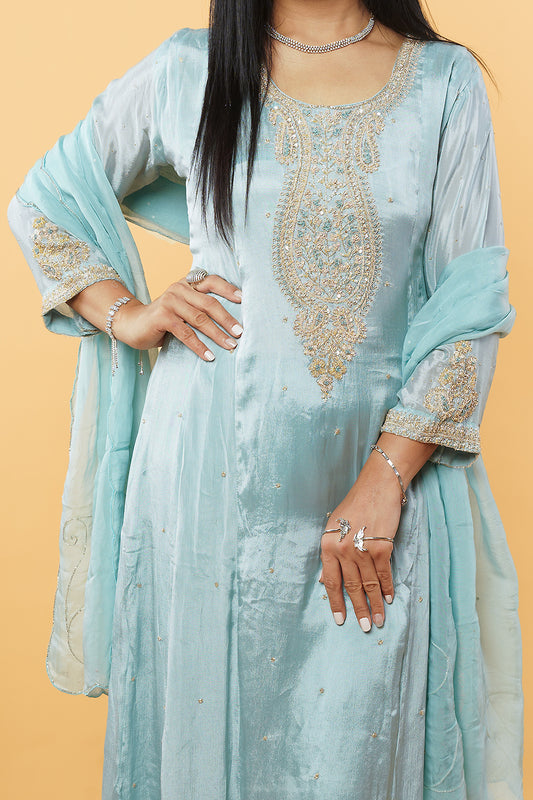 Ice Blue Pure chinnon Handwork Anarkali set
