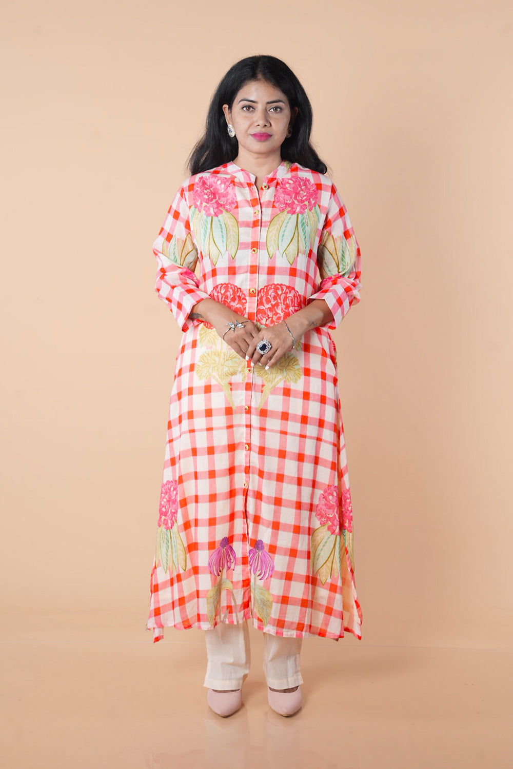 Peach and cream multicolour kurti pant set