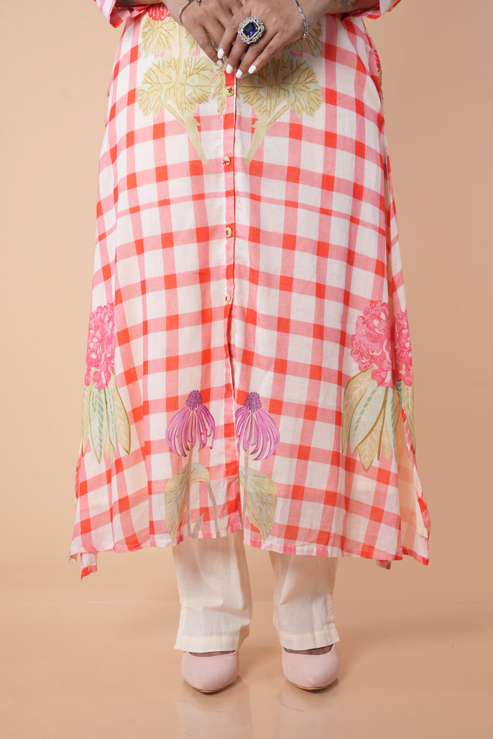 Peach and cream multicolour kurti pant set