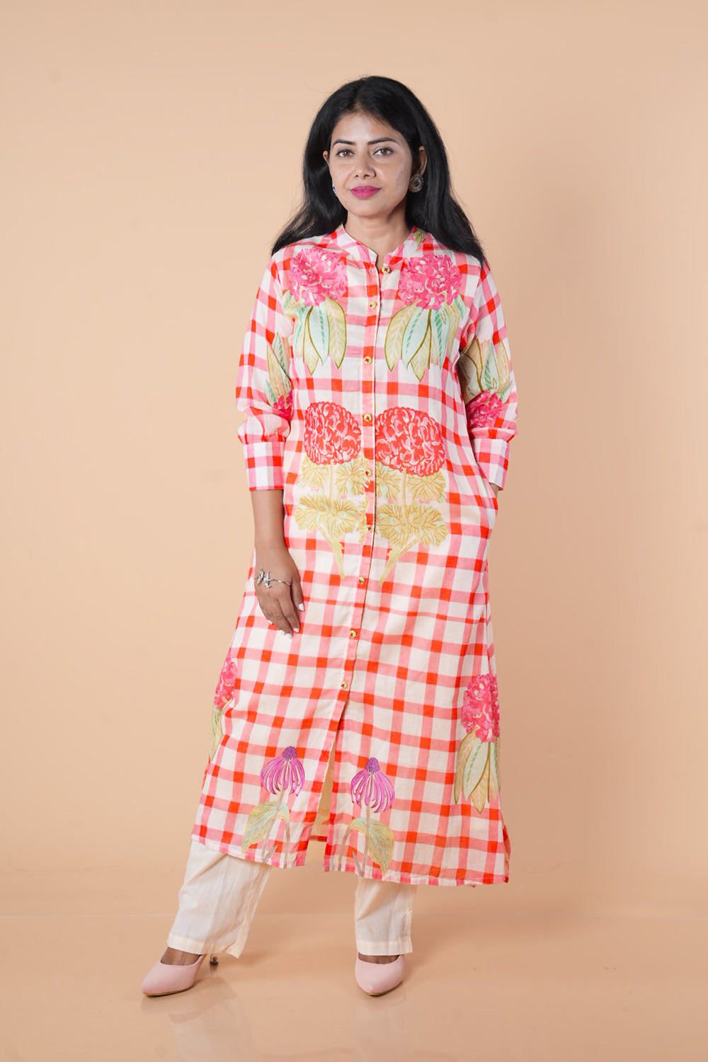 Peach and cream multicolour kurti pant set