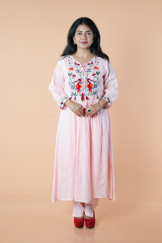 Pink mulcotton with crane embroidery work kurti pant