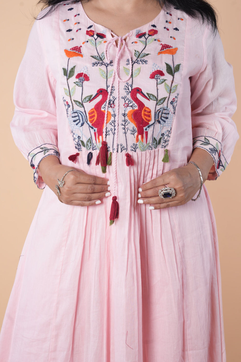 Pink mulcotton with crane embroidery work kurti pant