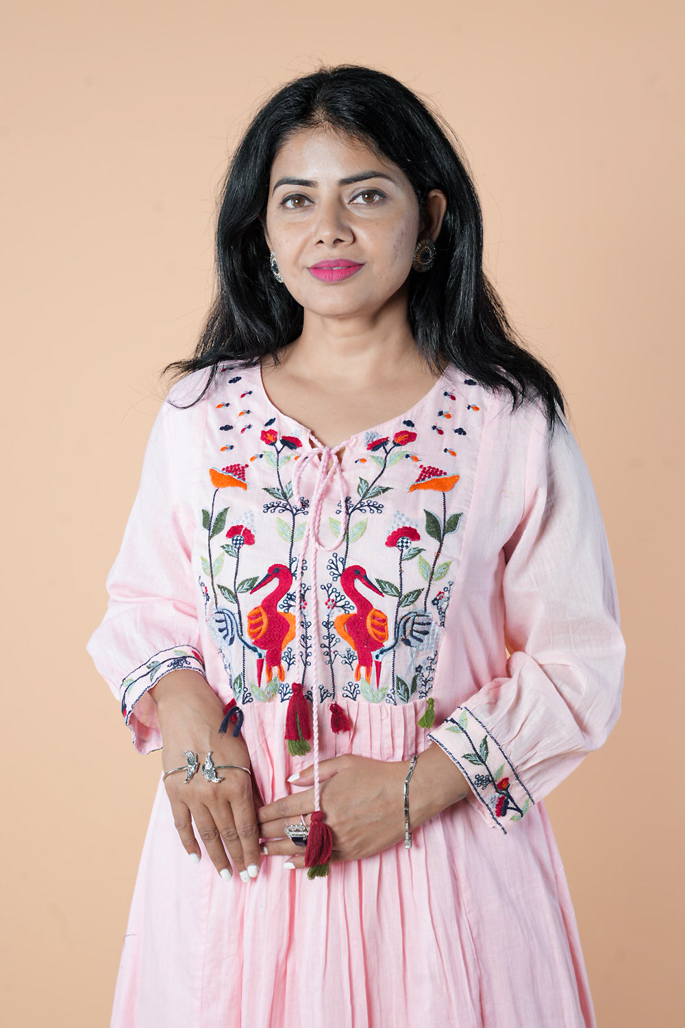 Pink mulcotton with crane embroidery work kurti pant
