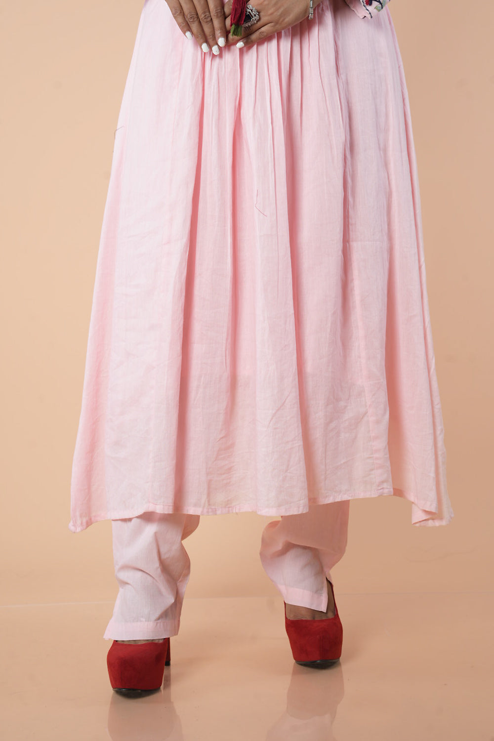 Pink mulcotton with crane embroidery work kurti pant