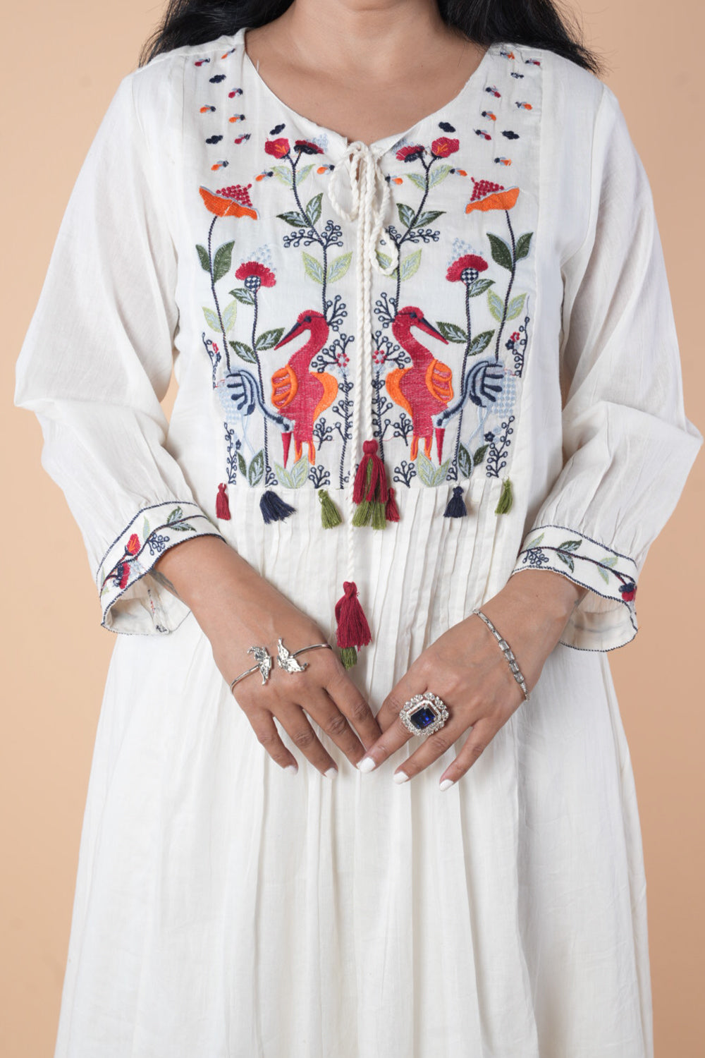 White mulcotton with crane embroidery work kurti pant