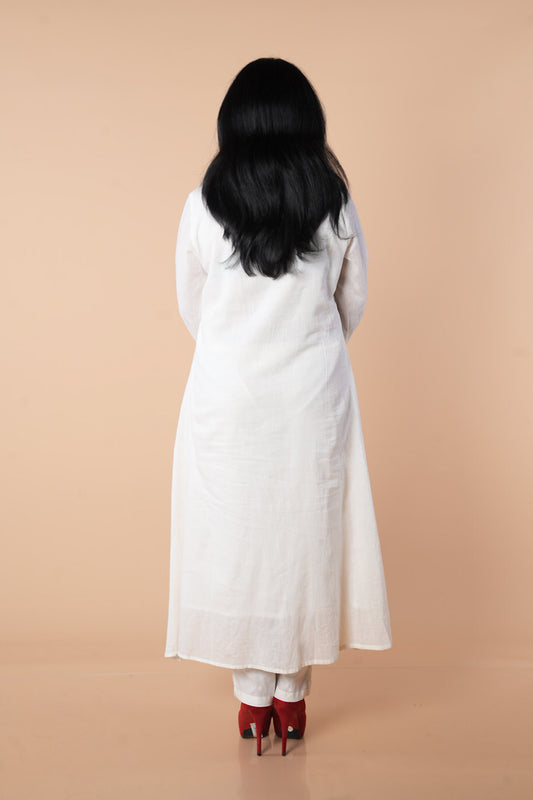 White mulcotton with crane embroidery work kurti pant