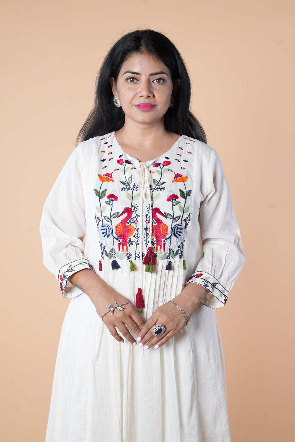 White mulcotton with crane embroidery work kurti pant