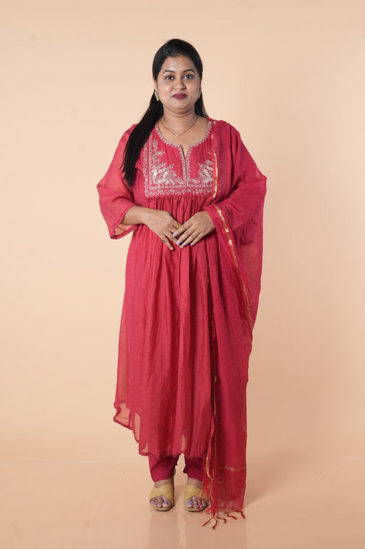 Pure Mulchanderi Maroon colour with silver Zari sequencing on yoke part