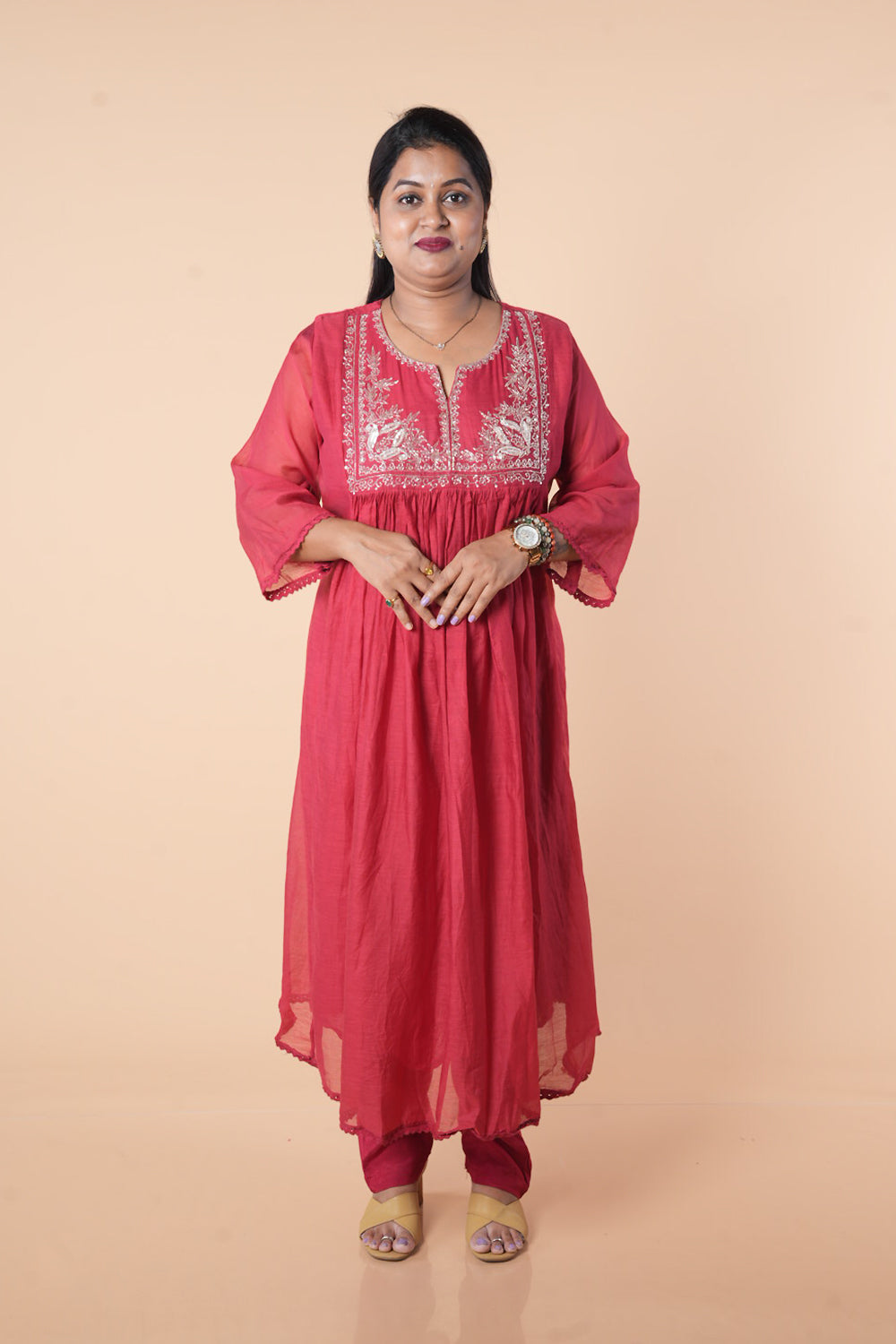 Pure Mulchanderi Maroon colour with silver Zari sequencing on yoke part