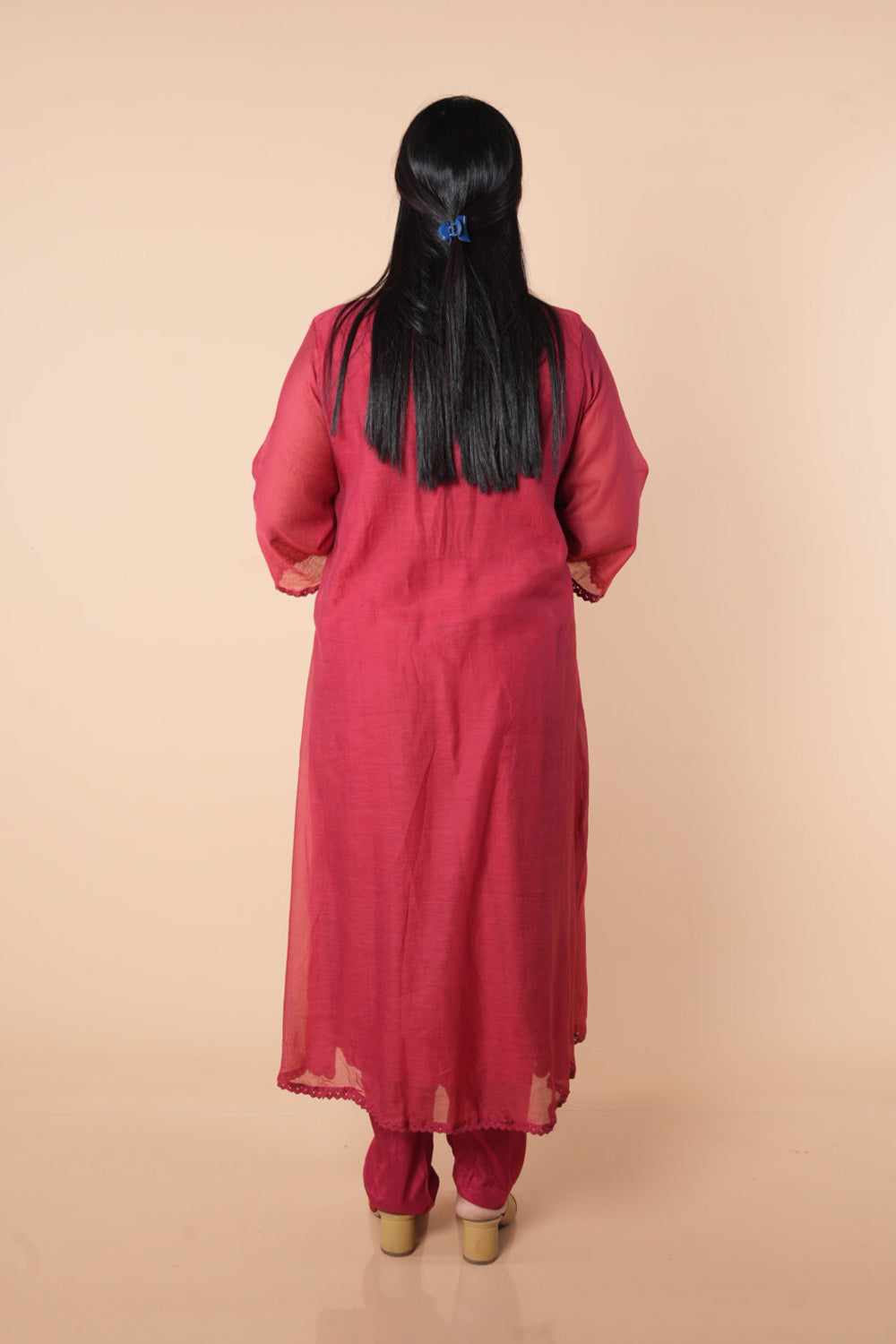 Pure Mulchanderi Maroon colour with silver Zari sequencing on yoke part