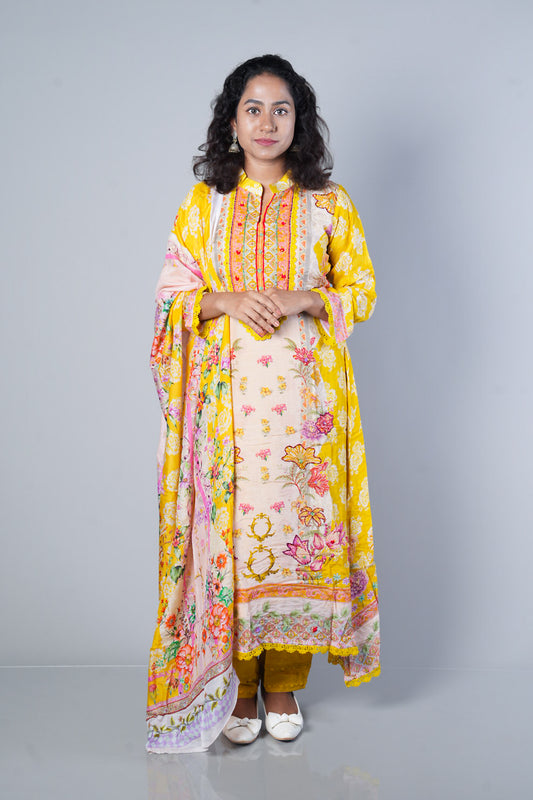 Light yellow and Cream colour kashmiri print C cut Suit set