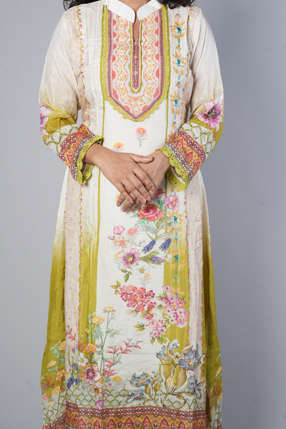 Light Green and Cream colour kashmiri print C cut Suit set