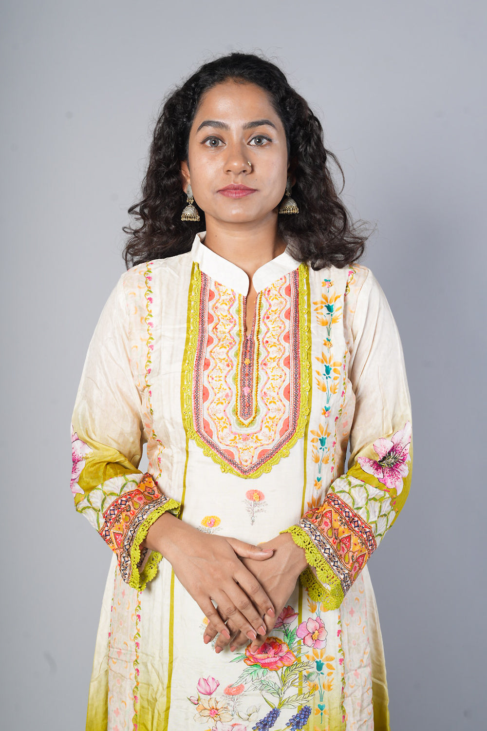 Light Green and Cream colour kashmiri print C cut Suit set