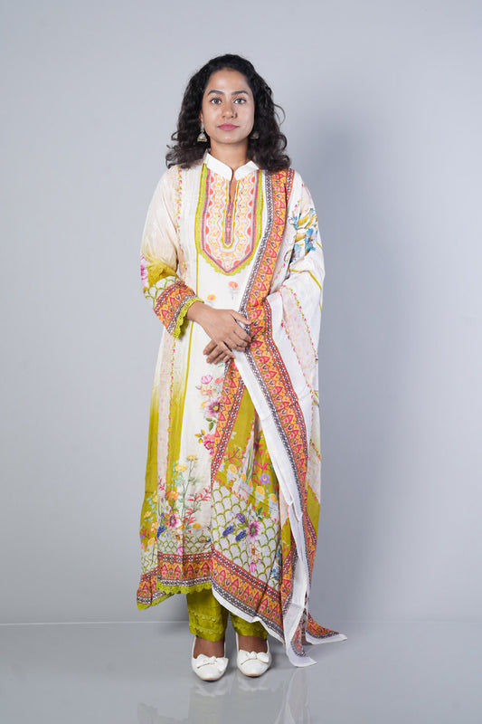Light Green and Cream colour kashmiri print C cut Suit set