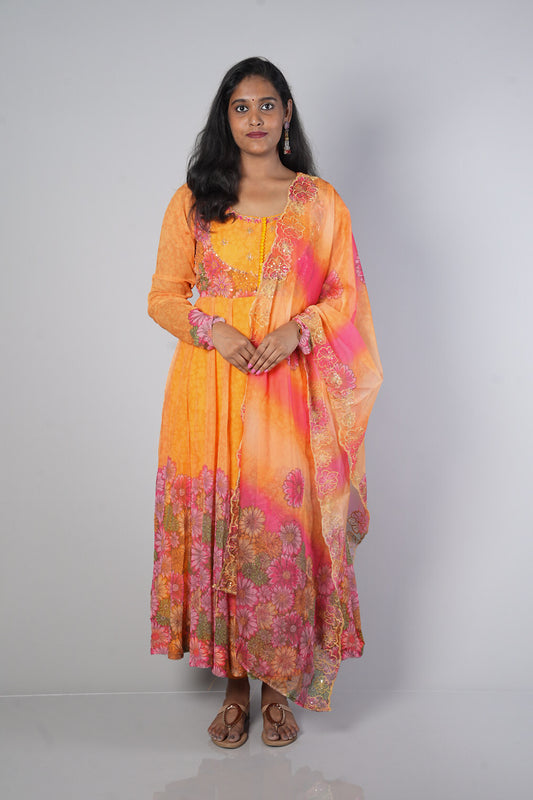 Mango Yellow Pure Chiffon with multicolour floral print