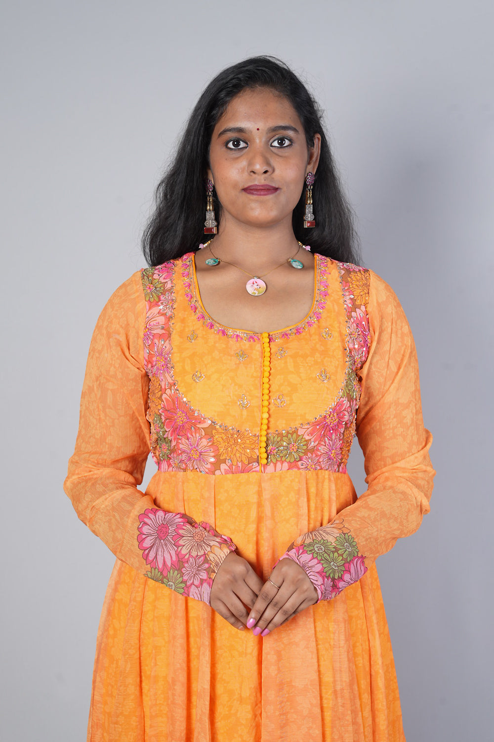 Mango Yellow Pure Chiffon with multicolour floral print