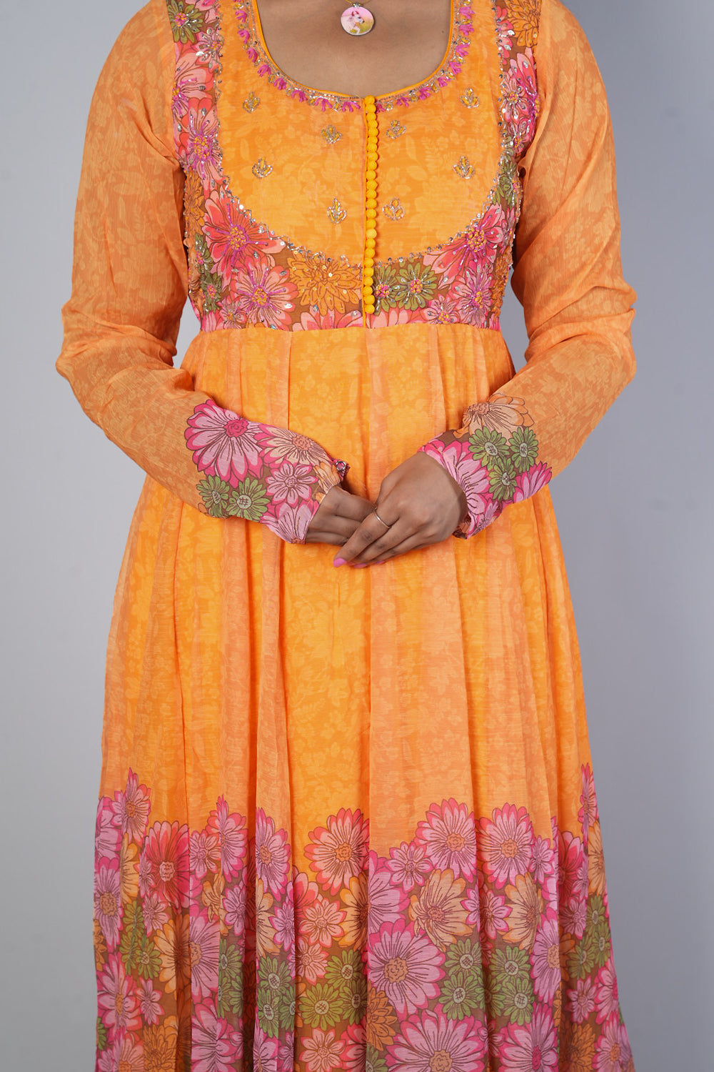 Mango Yellow Pure Chiffon with multicolour floral print