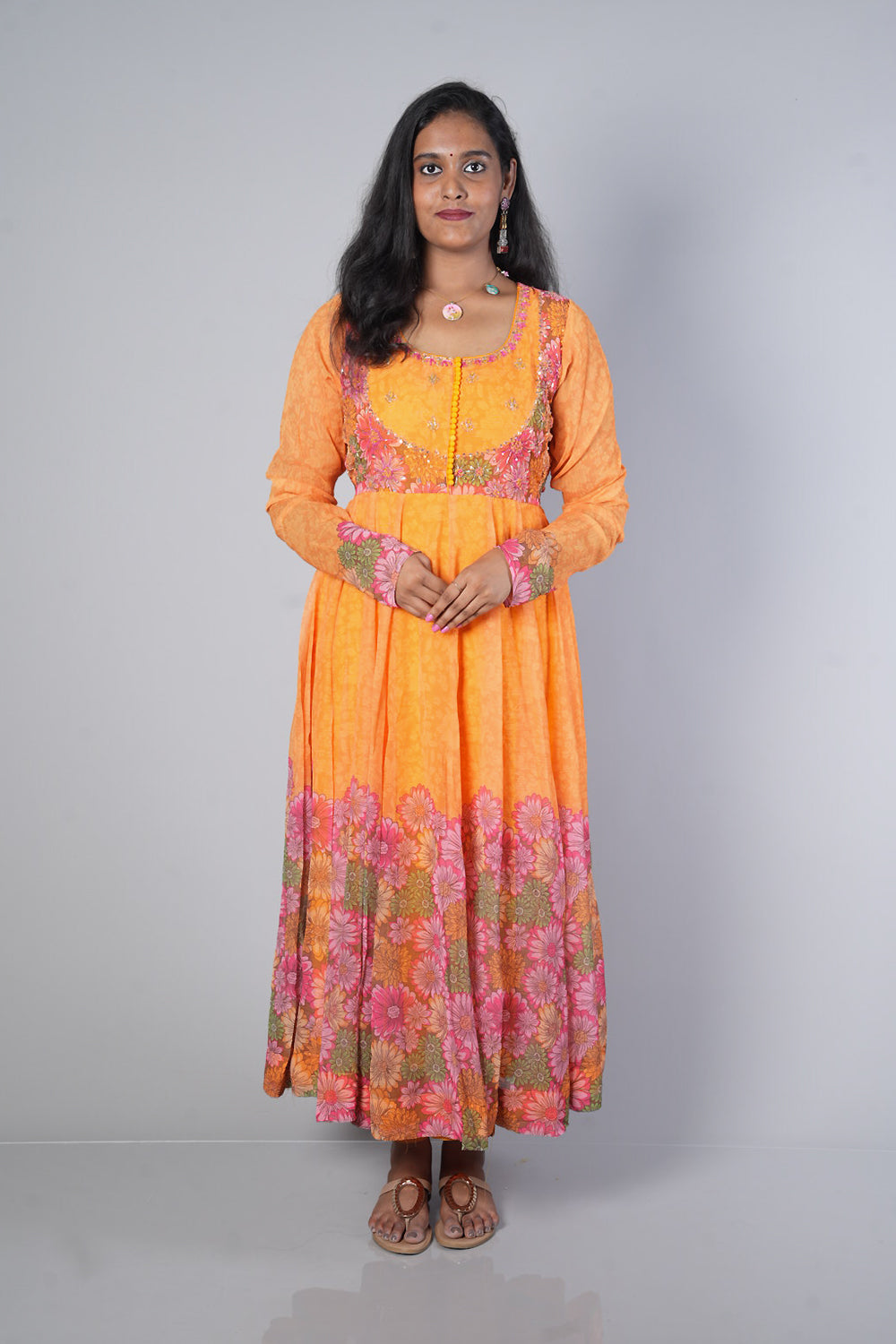 Mango Yellow Pure Chiffon with multicolour floral print