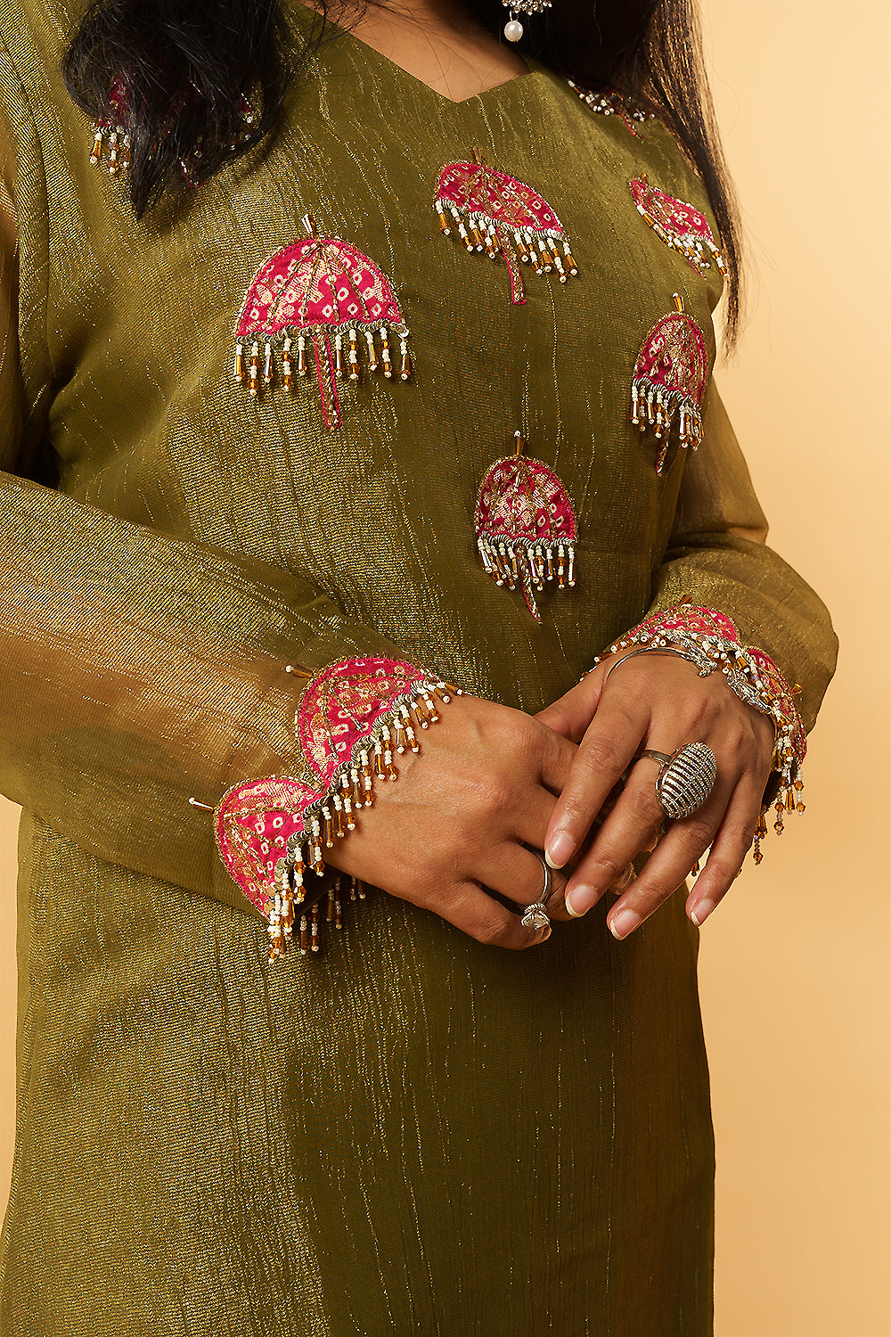 Olive Green Shimmer Crush Handwork 3 Piece suit