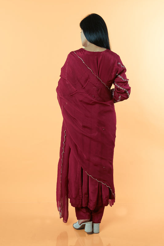 Maroonish Red Pure chinnon Handwork set