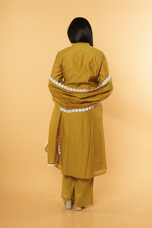 Mustard Mulchanderi with Flower embroidery