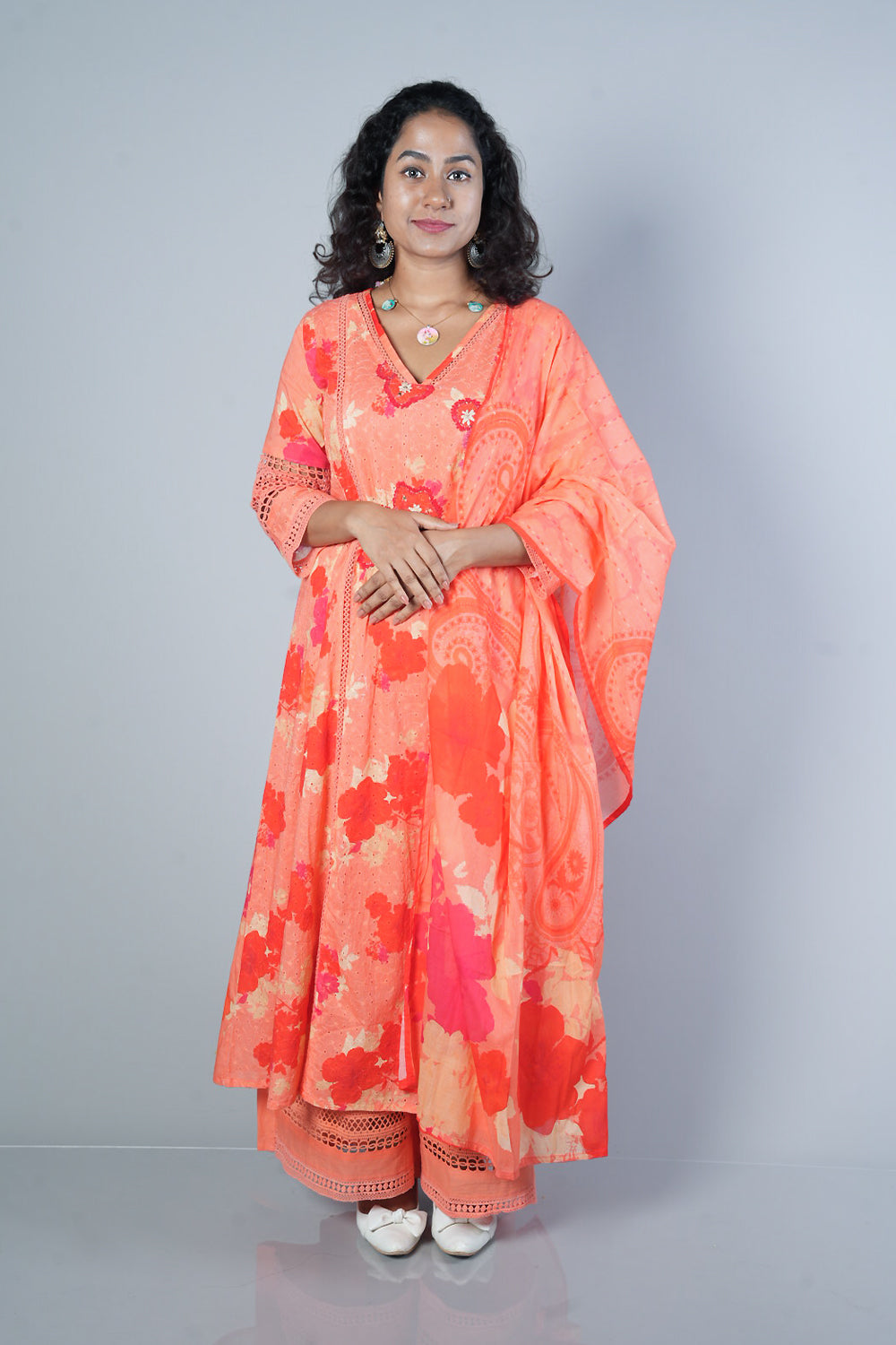 Peach and Orange combination premium shifli suit set