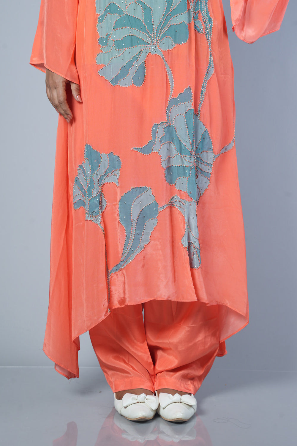 Peach colour Pure crepe C cut designer cordset