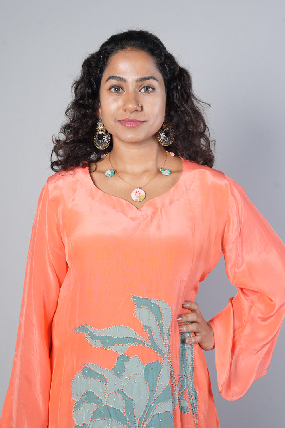Peach colour Pure crepe C cut designer cordset