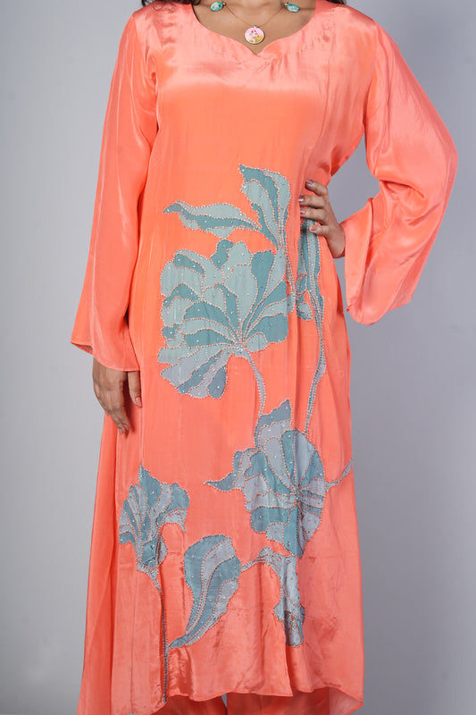 Peach colour Pure crepe C cut designer cordset