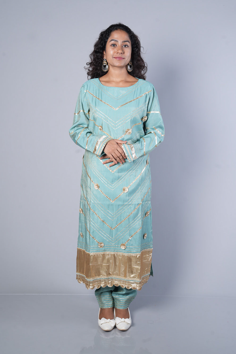 Blue Colour gotapatti Boat neck designer suit set