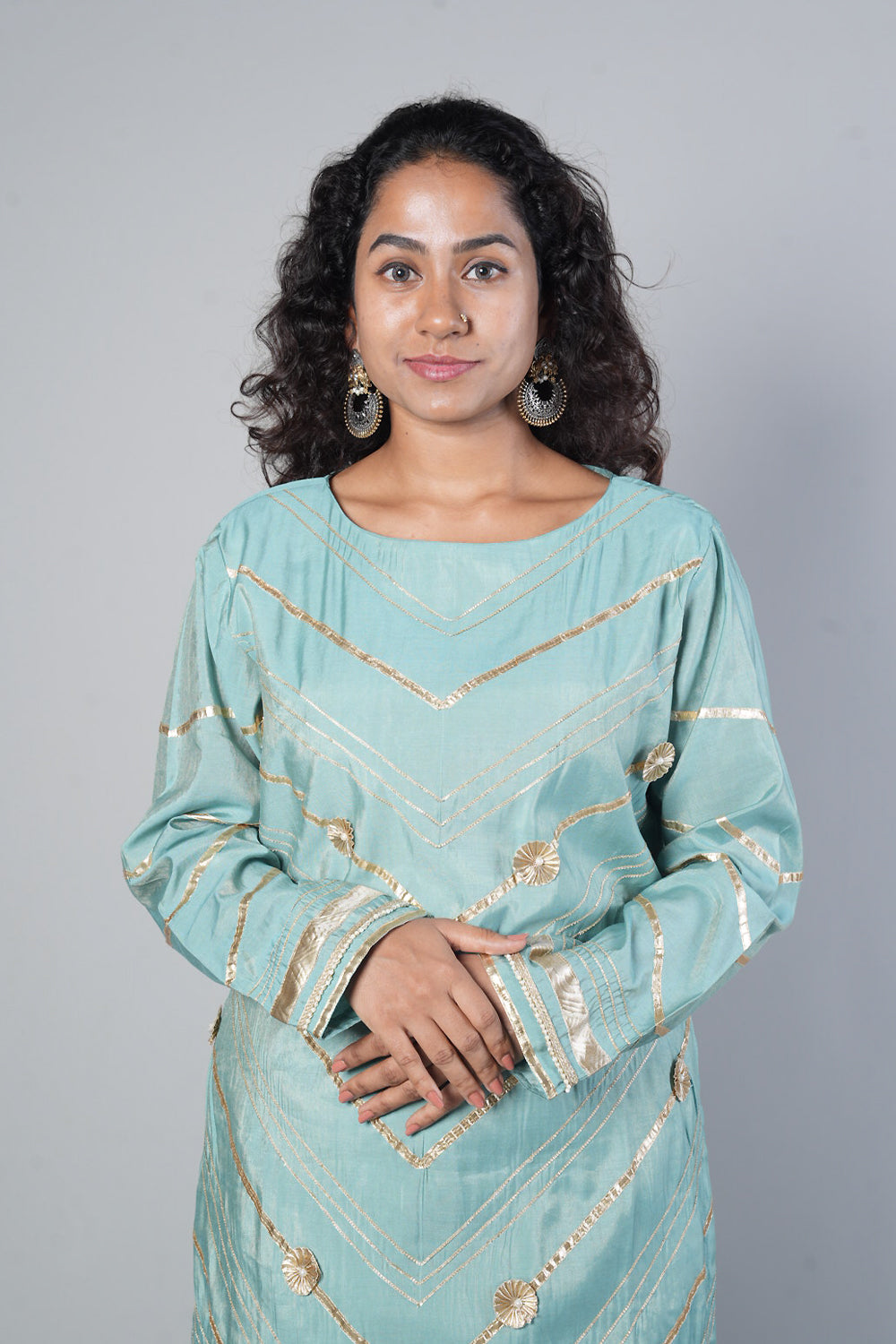 Blue Colour gotapatti Boat neck designer suit set