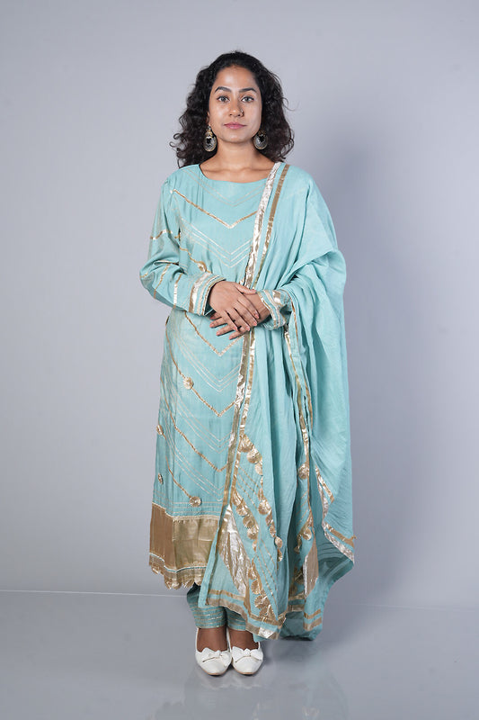 Blue Colour gotapatti Boat neck designer suit set
