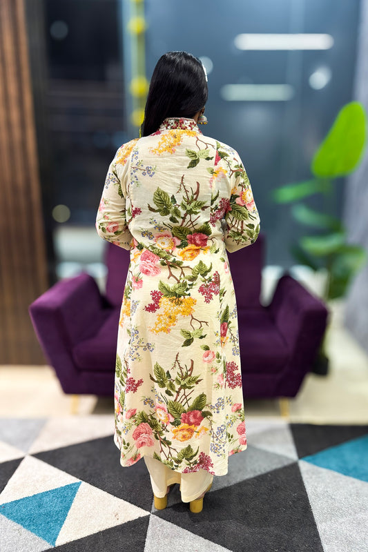 Cotton Suit Set comes Vneck and floral print in multicolour