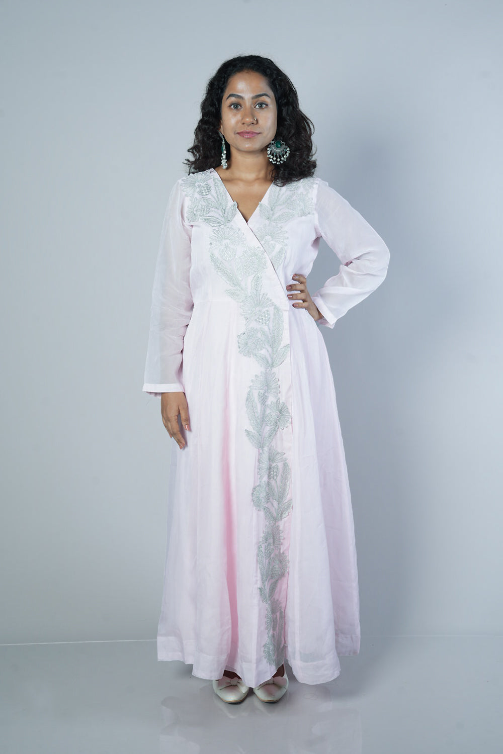 Baby pink Premium Viscose Organza with silver cutwork in Angrakha pattern