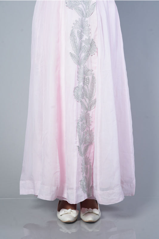 Baby pink Premium Viscose Organza with silver cutwork in Angrakha pattern