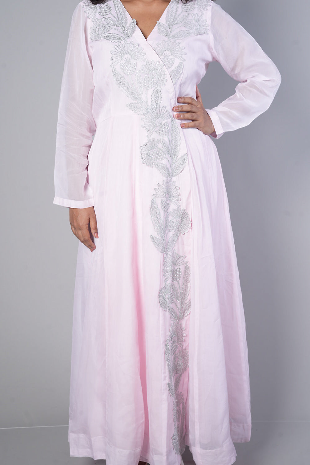 Baby pink Premium Viscose Organza with silver cutwork in Angrakha pattern